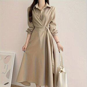 Women'S Chic Solid Color Midi Dress, Polyester 100% Long Sleeve with Lapel Colla